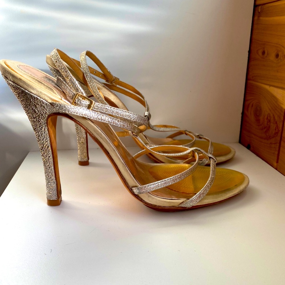 Badgley Mishka gold strapy heels